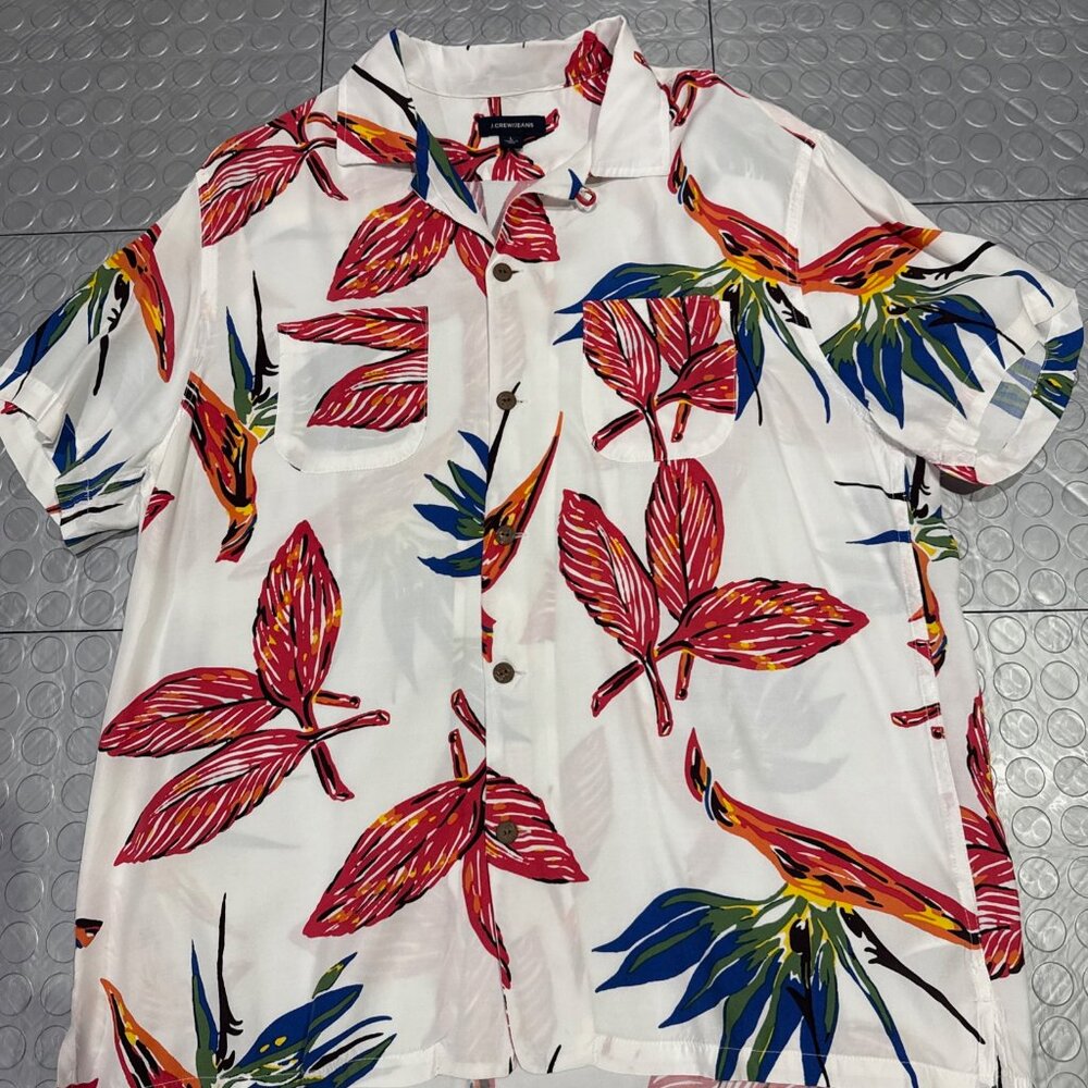 J Crew Beach Summer Lightweight Camp Shirt Floral Birds Island Large L